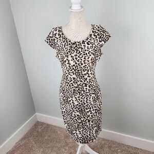 Sharagano Sheath Capped Sleeve Animal Print Bodycon Midi Dress Size 8
